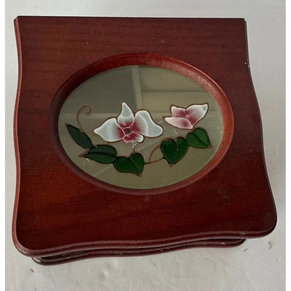 Wooden Jewelry Box Floral Glass Inlay Small Brown Trinket Case